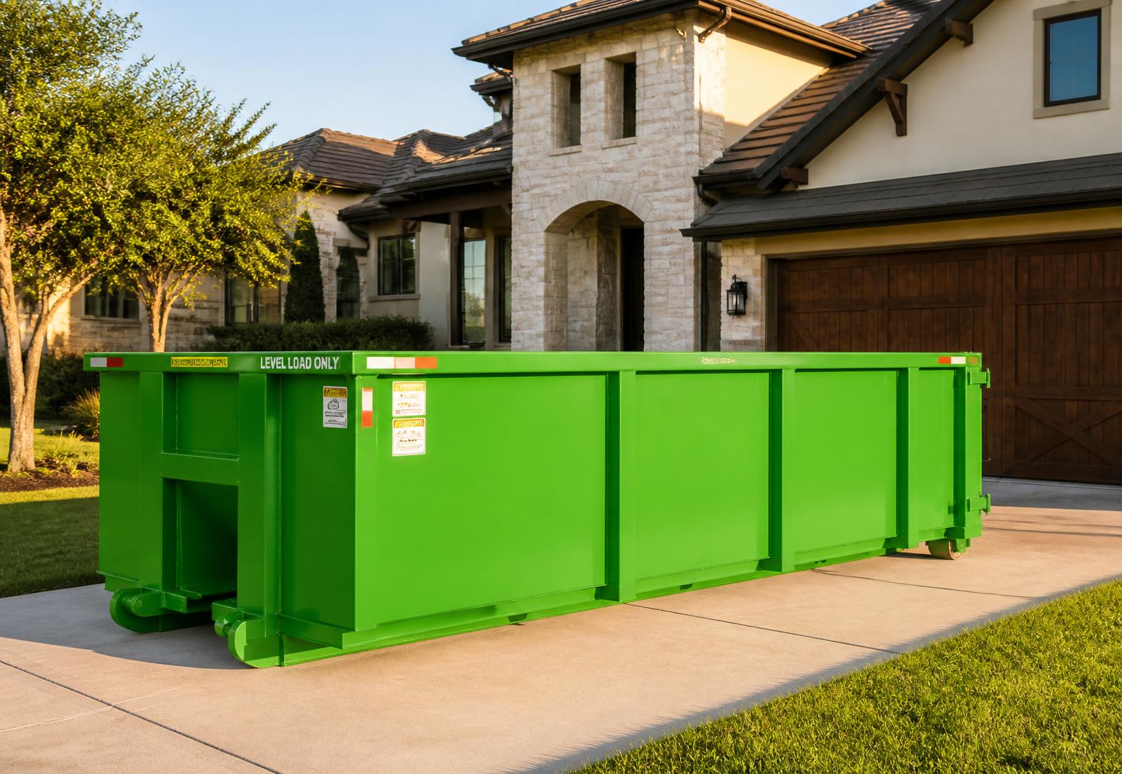 Green BinGo roll-off dumpster parked on a residential driveway in Dallas